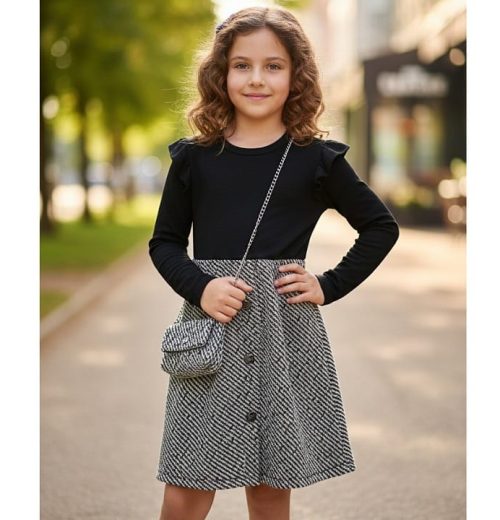 Girls Full Sleeve Glitter Stitching Woolly Dress with Purse (4-14Y)
