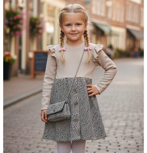 Girls Full Sleeve Glitter Stitching Woolly Dress with Purse (4-14Y)