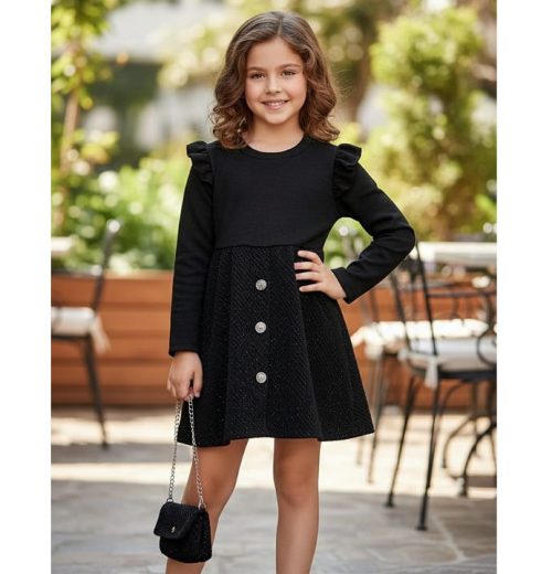 Girls Full Sleeve Glitter Stitching Woolly Dress with Purse (4-14Y)