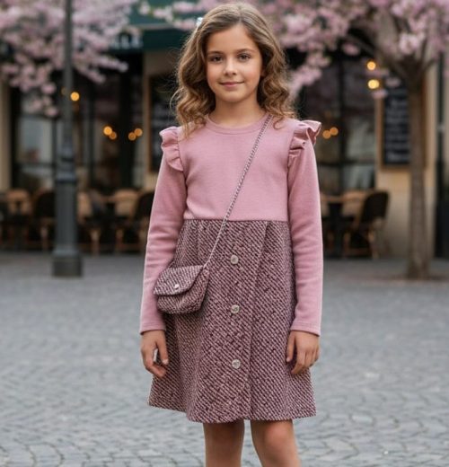 Girls Full Sleeve Glitter Stitching Woolly Dress with Purse (4-14Y)