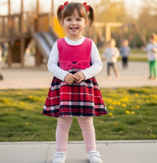 Girls Two Piece Woolly Check Bow Dress (1-4Y)