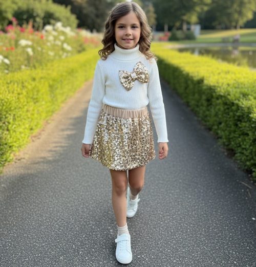 Girls Sequin Bow Top & Skirt Set (2-12Y)