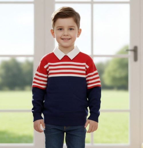Boys Knitted Stripe Panel Collar Jumper  (3-12Y)