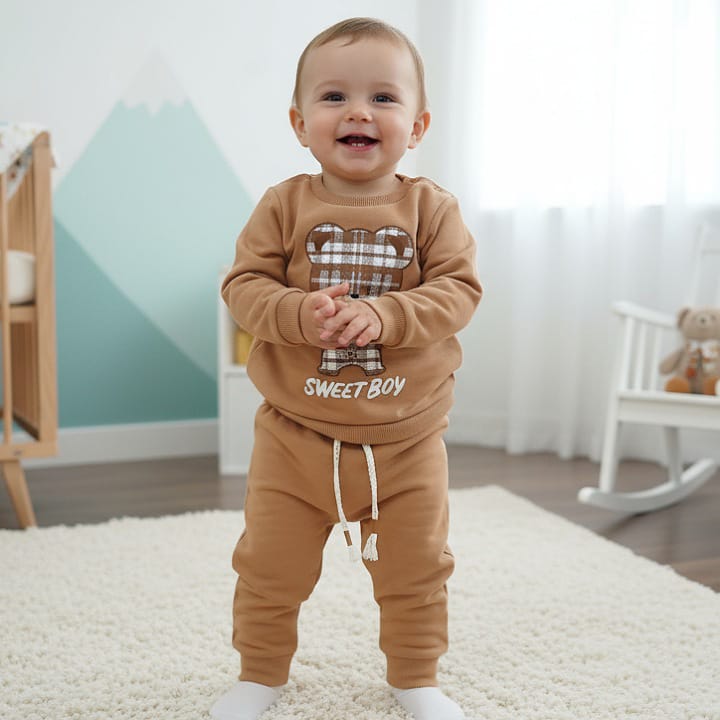 Baby Boys Two Piece Check Teddy Tracksuit (6-24M) Junior Kids