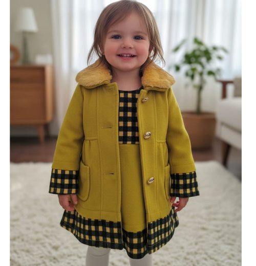 Girls Two Piece Check Trim Woolly Coat & Dress Set (2-6Y)