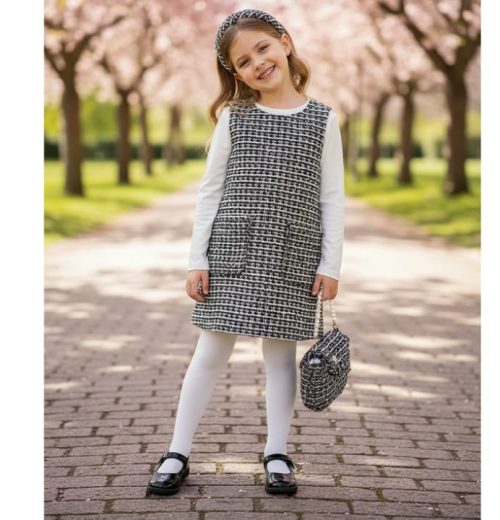 Girls Jacquard Glitter Embossed Two Piece Dress Set with Purse & Headband  (2-10Y)