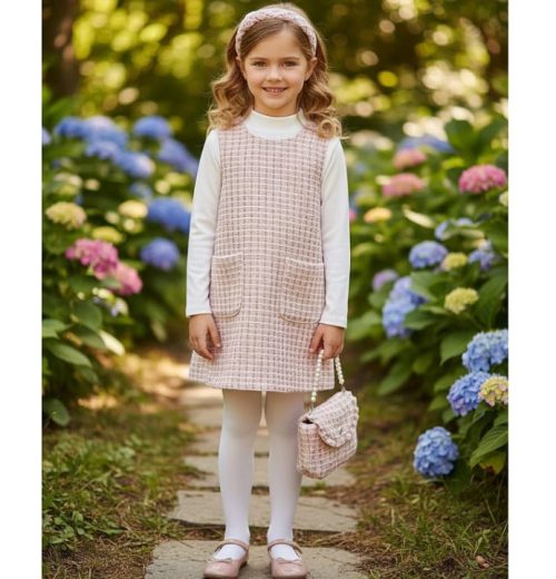 Girls Jacquard Glitter Embossed Two Piece Dress Set with Purse & Headband  (2-10Y)