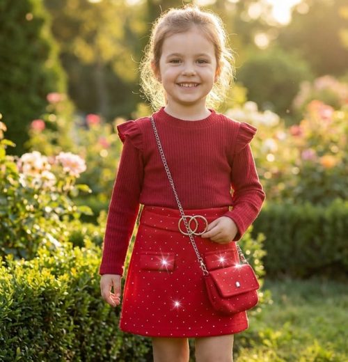 Girls Full Sleeve Diamante Frilly Woolly Dress with Purse (4-14Y)