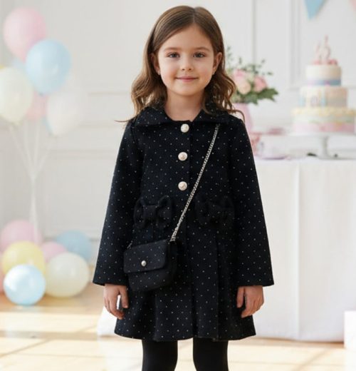Girls Double Bow Full Diamante Woolly Coat with Purse (4-14Y)