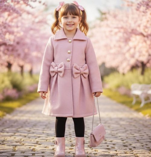 Girls Double Bow Full Diamante Woolly Coat with Purse (4-14Y)