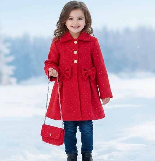 Girls Double Bow Full Diamante Woolly Coat with Purse (4-14Y)