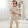 4027 beige2 Baby Girls Frilly Knitted Diamond Cut Out Cardigan & Bottoms Set (1-3Y)
