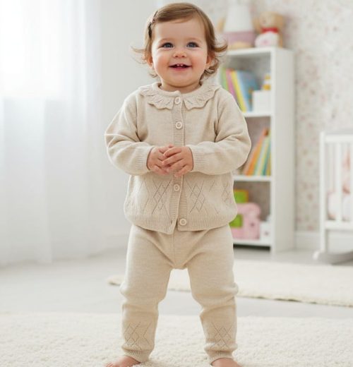 Baby Girls Frilly Knitted Diamond Cut Out Cardigan & Bottoms Set (1-3Y)