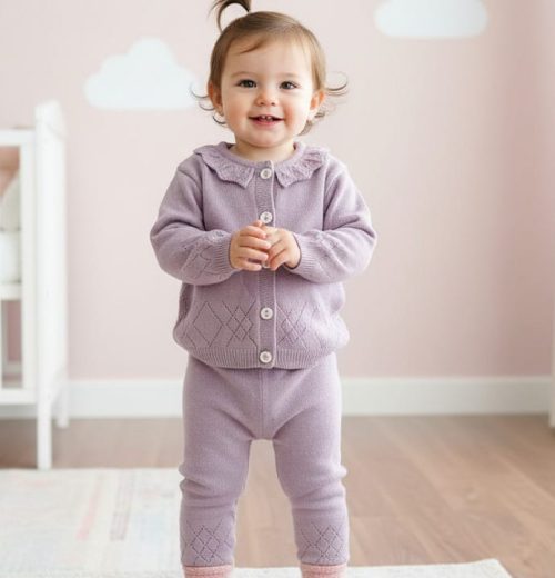 Baby Girls Frilly Knitted Diamond Cut Out Cardigan & Bottoms Set (1-3Y)