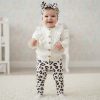 4132 cream Baby Girls Frilly Knitted Cardigan & Leopard Print Legging Set with Headband (6-36M)