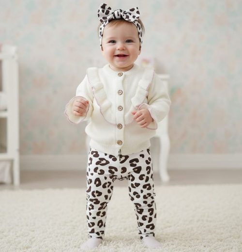Baby Girls Frilly Knitted Cardigan & Leopard Print Legging Set with Headband (6-36M)