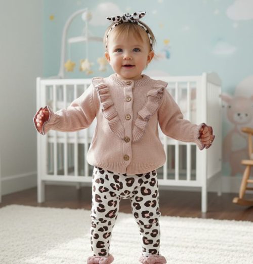 Baby Girls Frilly Knitted Cardigan & Leopard Print Legging Set with Headband (6-36M)
