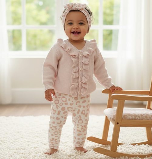 Baby Girls Frilly Knitted Cardigan & Leopard Print Legging Set with Headband (6-36M)