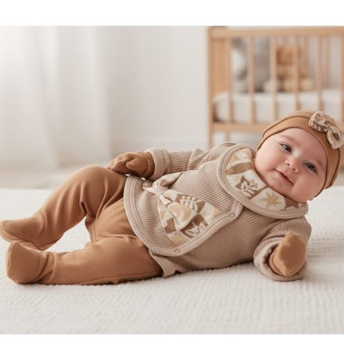 Baby Girls Printed Bow Five Piece Set with Mittens, Bib & Hat (0-6M)