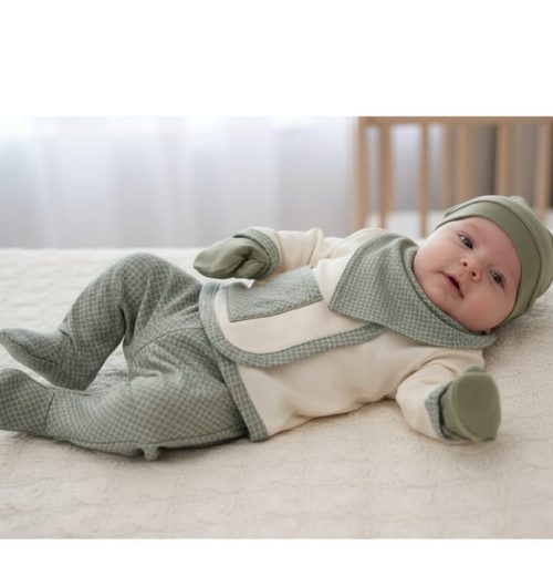 Baby Boys Check Five Piece Set with Mittens, Bib & Hat (0-6M)