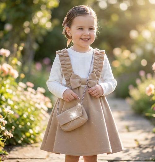 Girls Full Sleeve Frilly Diamante Woolly Dress with Purse (4-14Y)