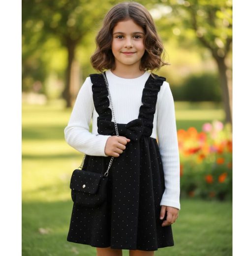 Girls Full Sleeve Frilly Diamante Woolly Dress with Purse (4-14Y)