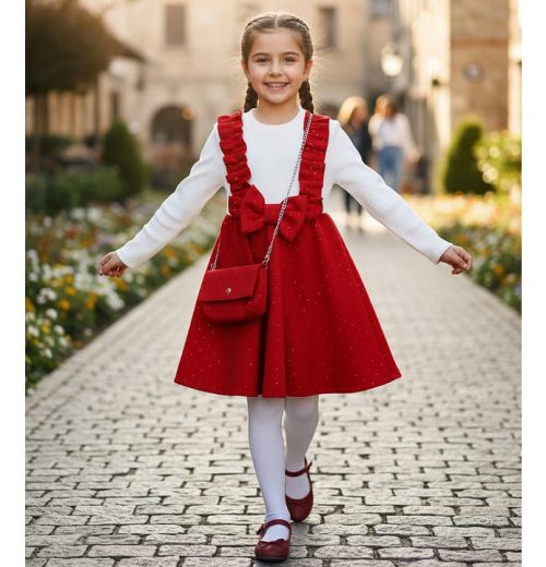 Girls Full Sleeve Frilly Diamante Woolly Dress with Purse (4-14Y)