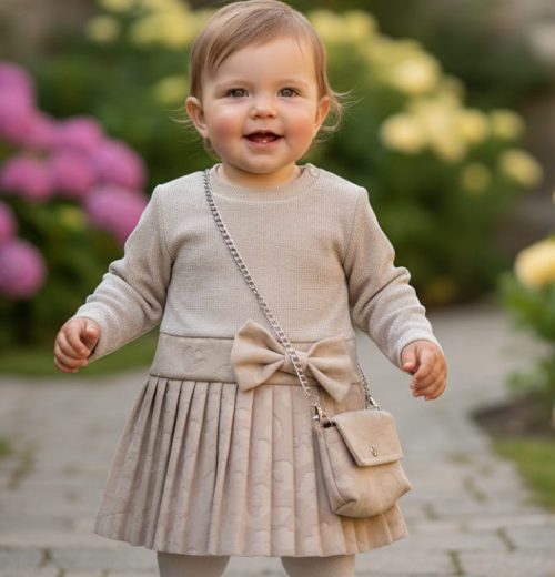 Baby Girls Full Sleeve Embossed Bow Dress with Purse (6-36M)