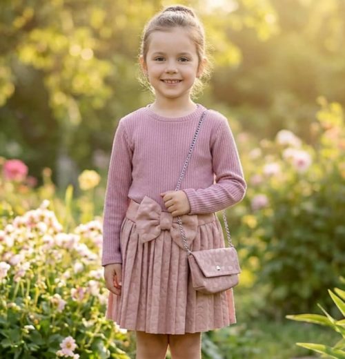 Girls Full Sleeve Bow Embossed Dress with Purse (4-14Y)