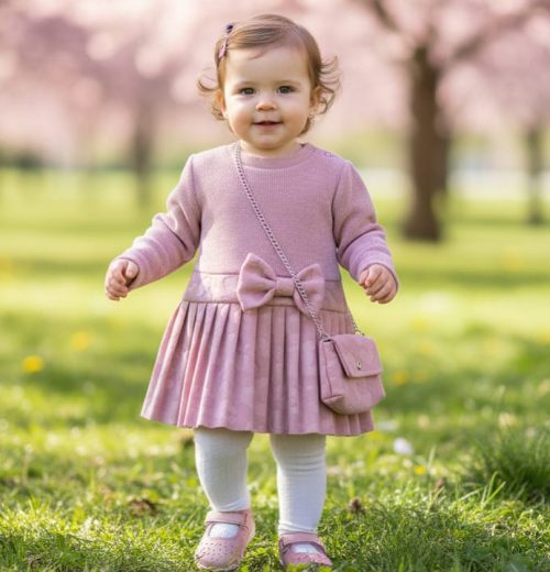 Baby Girls Full Sleeve Embossed Bow Dress with Purse (6-36M)