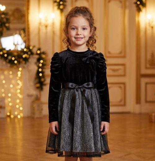 Girls Full Sleeve Velvet Glitter Bow Dress (4-14Y)
