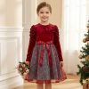 914 burgandy Girls Full Sleeve Velvet Glitter Bow Dress (4-14Y)