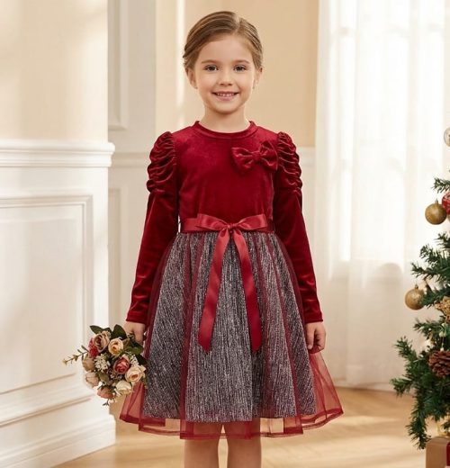 Girls Full Sleeve Velvet Glitter Bow Dress (4-14Y)