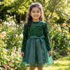 914 green Girls Full Sleeve Velvet Glitter Bow Dress (4-14Y)