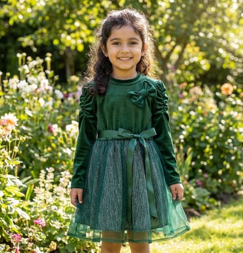 Girls Full Sleeve Velvet Glitter Bow Dress (4-14Y)