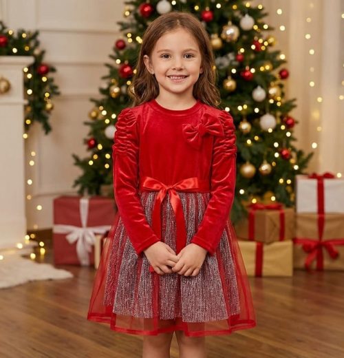 Girls Full Sleeve Velvet Glitter Bow Dress (4-14Y)