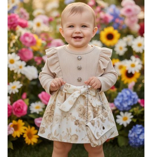 Baby Girls Full Sleeve Floral Dress with Purse (6-36M)