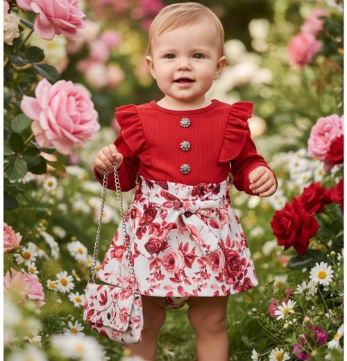 Baby Girls Full Sleeve Floral Dress with Purse (6-36M)