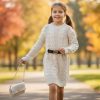 belt beige Girls Knitted Cable Knit Full Sleeve Dress with Belt & Purse (4-14Y)