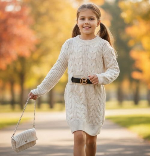 Girls Knitted Cable Knit Full Sleeve Dress with Belt & Purse (4-14Y)