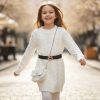 belt cream Girls Knitted Cable Knit Full Sleeve Dress with Belt & Purse (4-14Y)