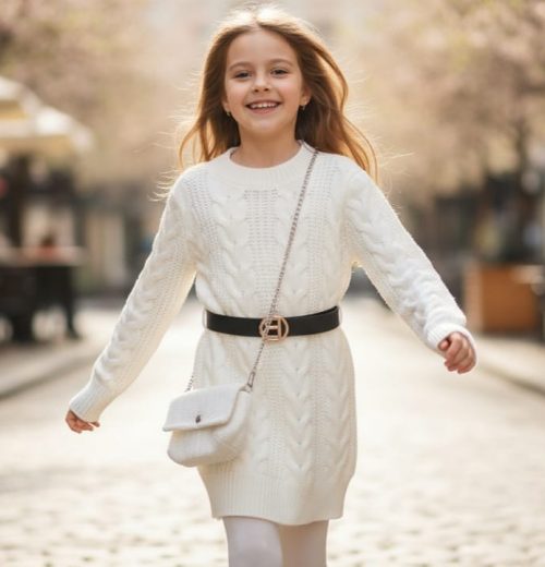 Girls Knitted Cable Knit Full Sleeve Dress with Belt & Purse (4-14Y)