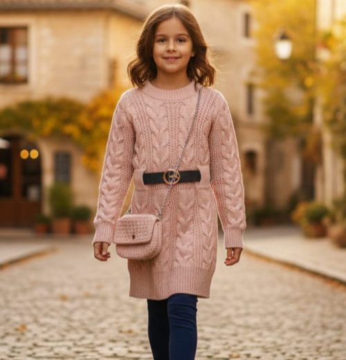 Girls Knitted Cable Knit Full Sleeve Dress with Belt & Purse (4-14Y)