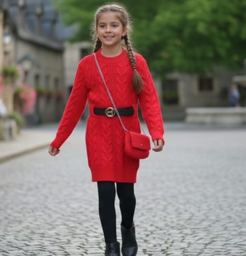Girls Knitted Cable Knit Full Sleeve Dress with Belt & Purse (4-14Y)