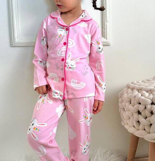 Girls Bunny Rainbow Print Buttoned Pyjamas (4-12Y)