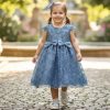 d bow dress blue Girls Elegant Glitter Embroidered Double Bow Party Dress (2-12Y)