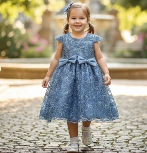 Girls Elegant Glitter Embroidered Double Bow Party Dress (2-12Y)