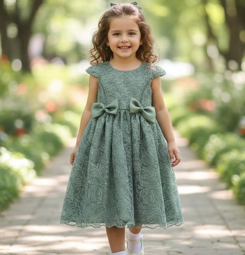Girls Elegant Glitter Embroidered Double Bow Party Dress (2-12Y)