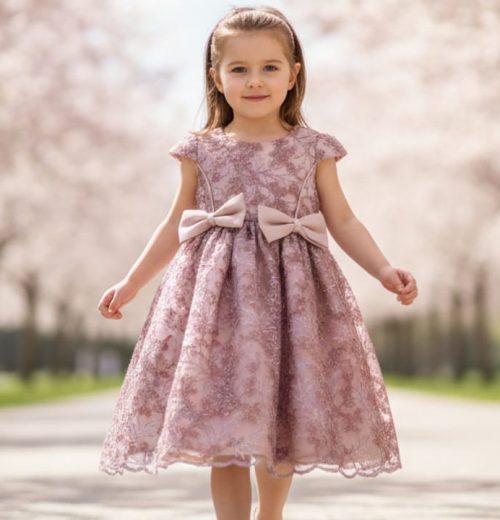 Girls Elegant Glitter Embroidered Double Bow Party Dress (2-12Y)