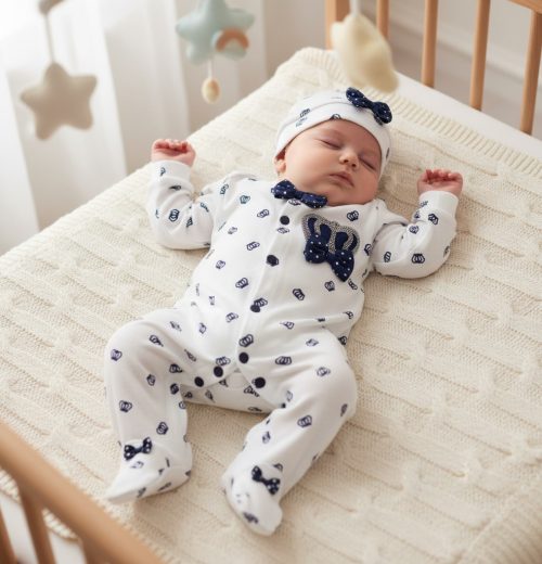 Baby Boys Diamante Crown All in One Bow Baby Grow with Hat & Mittens (3-9M)